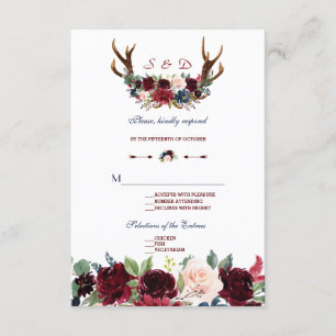 Boho Merlot Navy Blue Floral Antlers Wedding RSVP Card