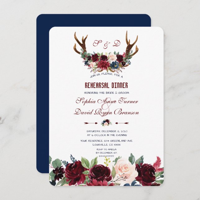 Boho Merlot Navy Floral Antlers Rehearsal Dinner Invitation (Front/Back)