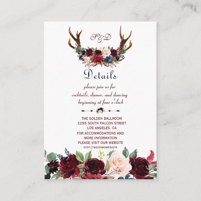 Boho Merlot Navy Floral Antlers Wedding Details Enclosure Card (Front)