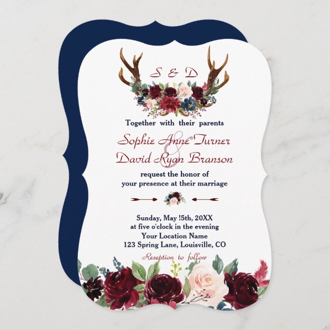 Boho Merlot Navy Floral Antlers Wedding Invitation (Front/Back)