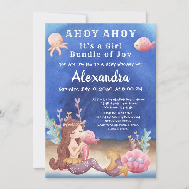Boho Mermaid, Tropical fish Pink Girl Baby Shower Invitation (Front)