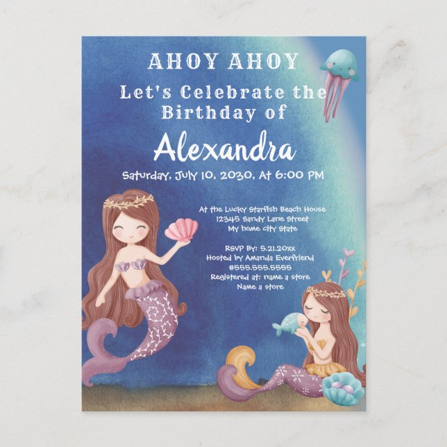 Boho Mermaid, Under the Sea  Birthday Party Invitation Postcard (Front)