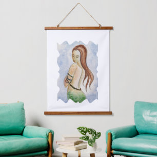 Boho Mermaid Watercolor Wood Topped Hanging Tapestry