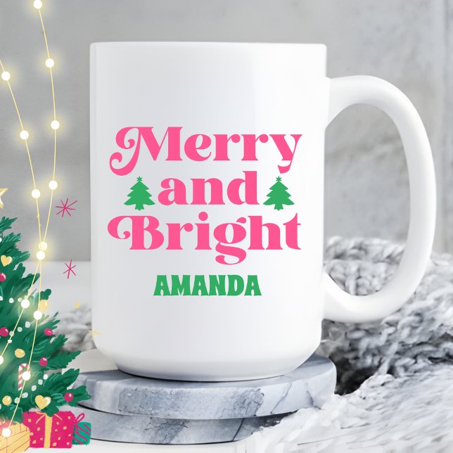 Boho Merry and Bright Christmas Pink Holiday Coffee Mug (Creator Uploaded)