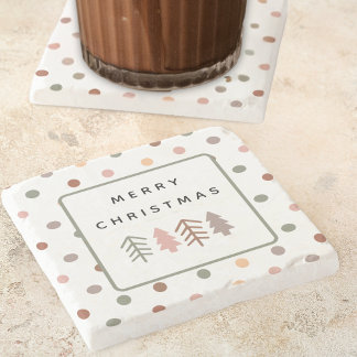 Boho Merry Christmas Trees and Dots Stone Coaster