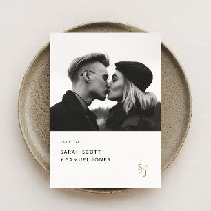 Boho Minimal Black and White Gold Monogram Wedding Invitation