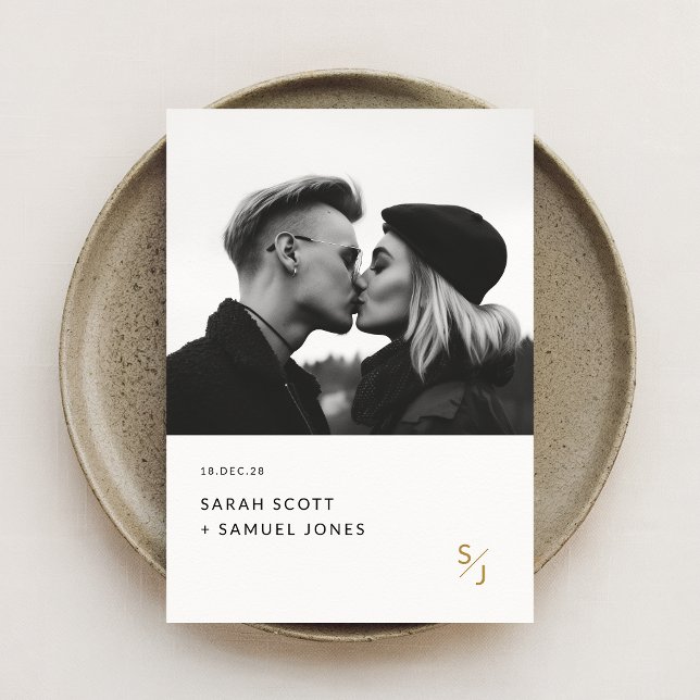 Boho Minimal Black and White Gold Monogram Wedding Invitation (Creator Uploaded)