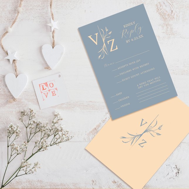 Boho Minimal Blue Beige Leaf Monogram Wedding RSVP Card (Creator Uploaded)