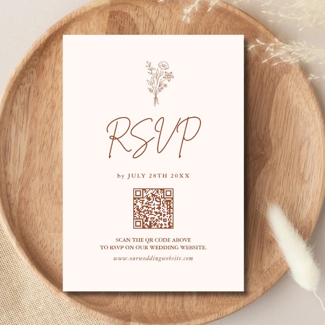 Boho Minimal Botanicals Terracotta QR Code Wedding RSVP Card (Boho minimalist terracotta botanical RSVP card with QR code adds easy responses and warm style)