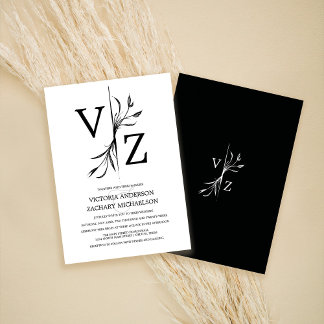 Boho Minimal Dark Terracotta Leaf Monogram Wedding Invitation