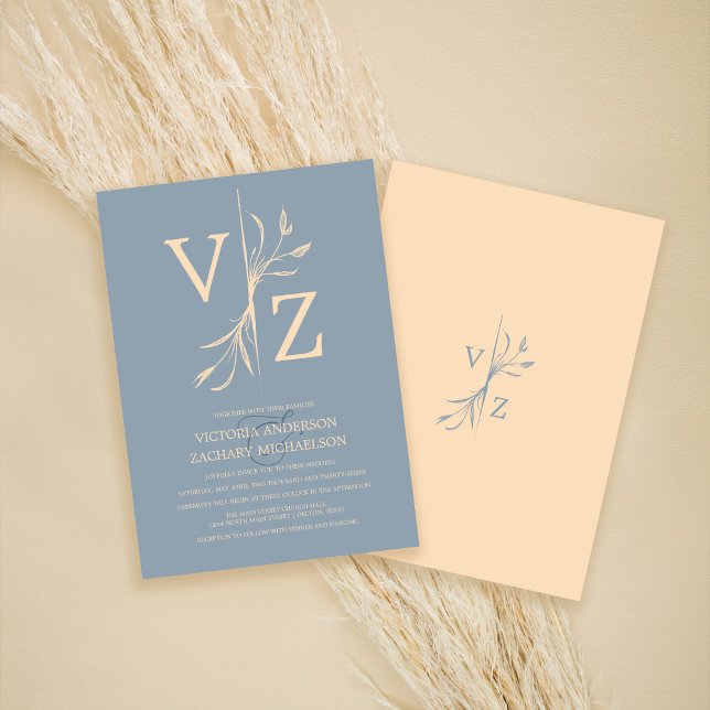 Boho Minimal Dusty Blue Leaf Monogram Wedding Invitation (Creator Uploaded)