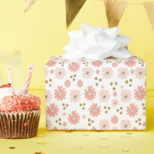 Boho Minimal Hand-Painted Daisies Pink Pattern Wrapping Paper