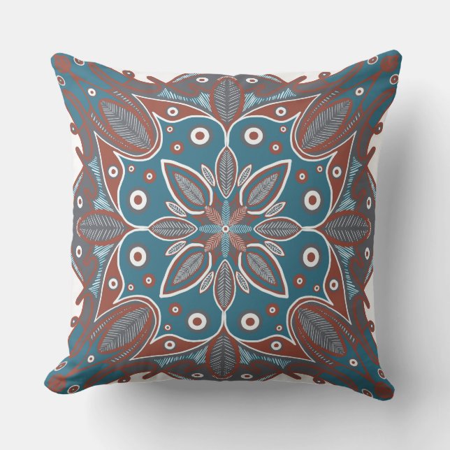 Boho Minimal Mandala Hand-Drawn Rust Teal Cushion (Front)