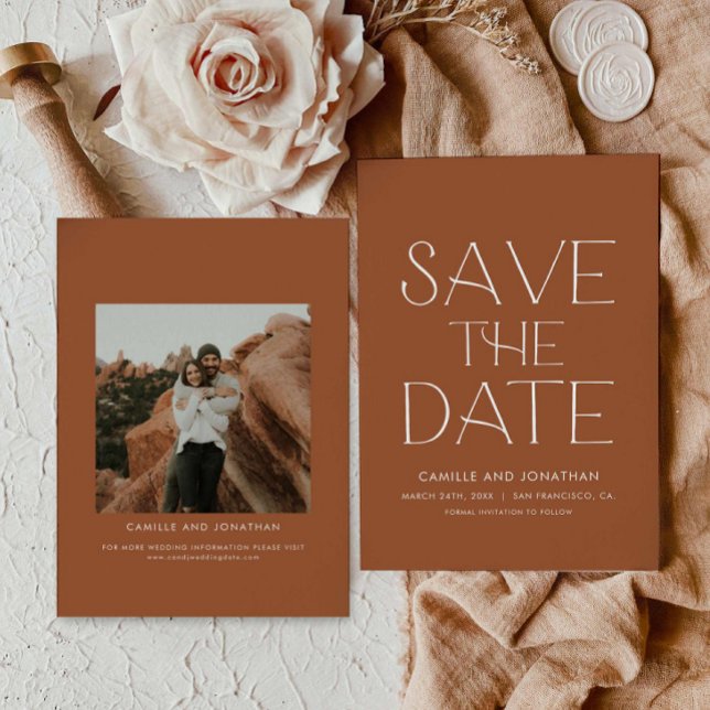 Boho Minimal Photo Save the Date (Terracotta Boho Save the Date Photo Card)