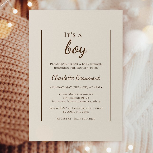 Boho Minimalist Beige It's A Boy Baby Shower Invitation (Creator Uploaded)