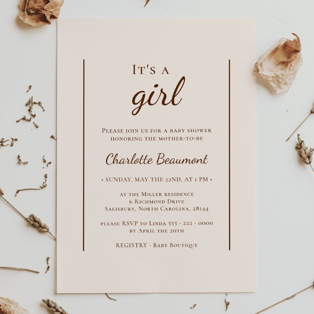 Boho Minimalist Beige It's A Girl Shower Invitation (Creator Uploaded)