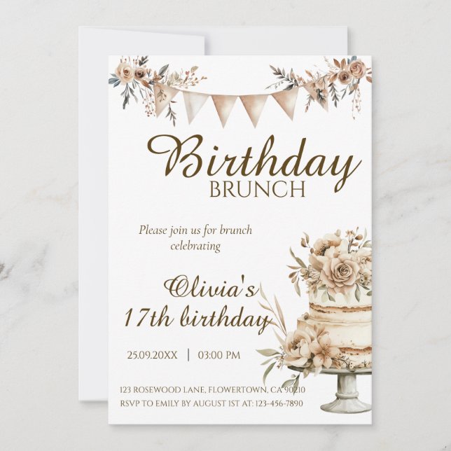 Boho minimalist birthday invitation, brunch invite (Front)