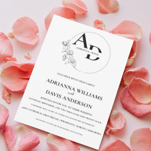 Boho minimalist black & white monogram wedding invitation
