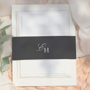 Boho Minimalist Black & White Monogram Wedding Invitation Belly Band