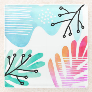Boho Minimalist Blob Shape Leaves Line Art Glass Coaster