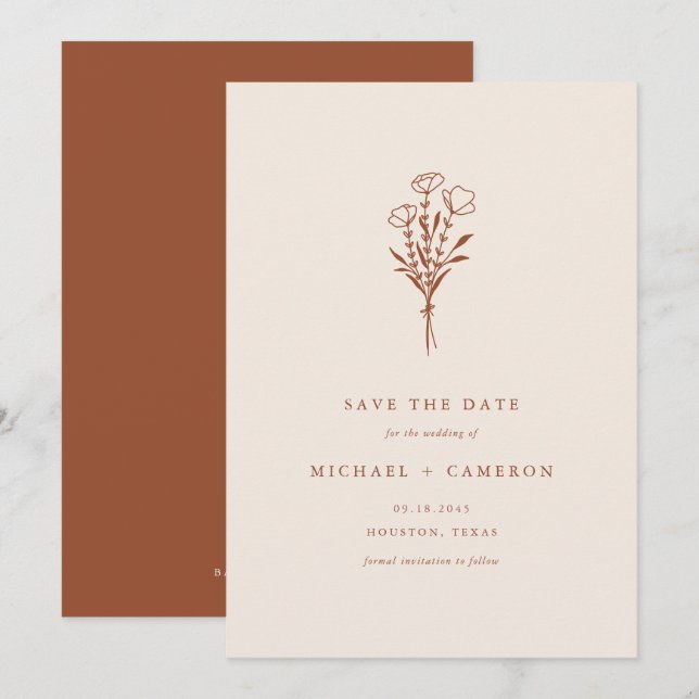 Boho Minimalist Botanical Bouquet Terracotta Save The Date (Front/Back)