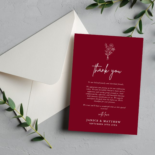 Boho Minimalist Botanicals Burgundy Fall Wedding Thank You Card (Creator Uploaded)