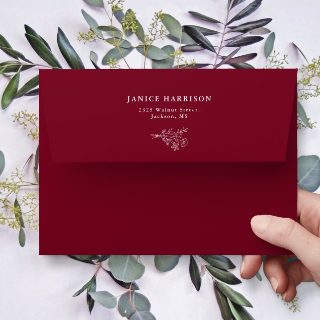 Boho Minimalist Botanicals Burgundy Wedding Envelope (Creator Uploaded)