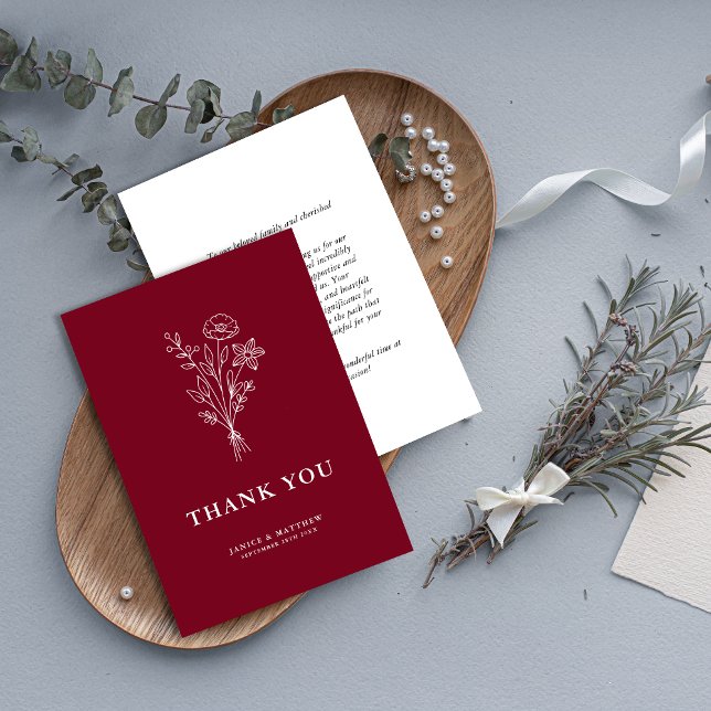 Boho Minimalist Botanicals Burgundy Wedding Thank You Card (Creator Uploaded)