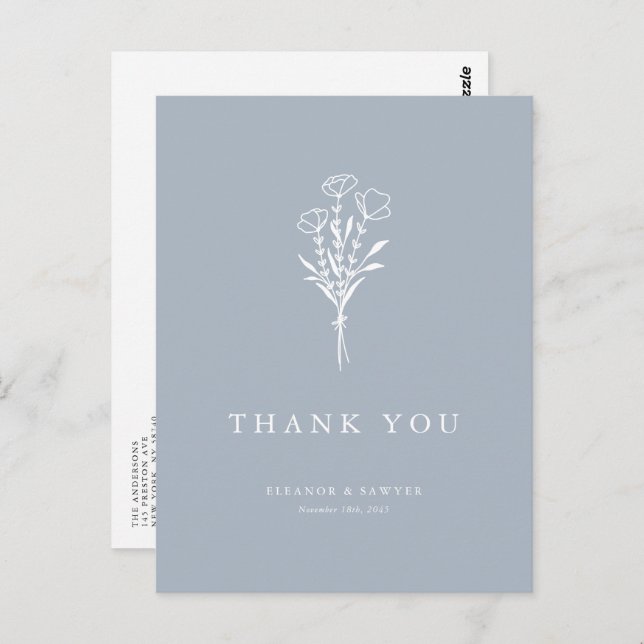 Boho Minimalist Botanicals Dusty Blue Thank You Postcard (Front/Back)