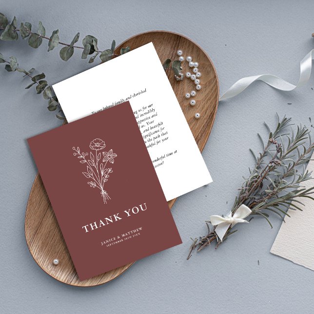 Boho Minimalist Botanicals Mauve Wedding Thank You Card (Creator Uploaded)