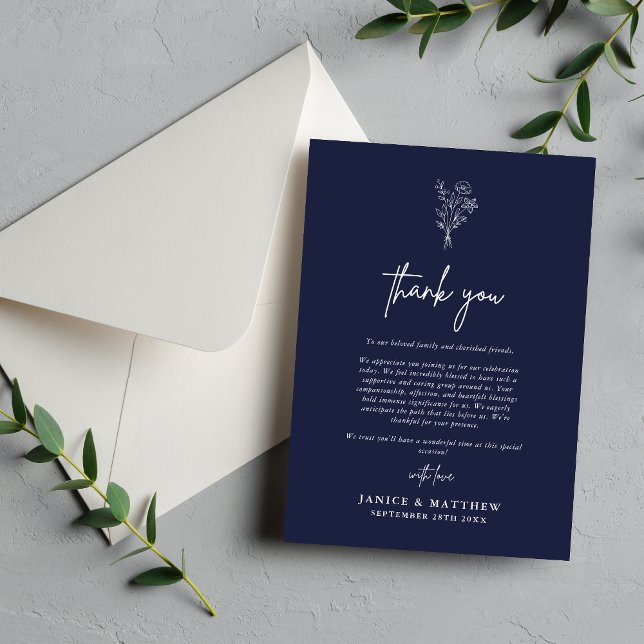 Boho Minimalist Botanicals Navy Blue Fall Wedding Thank You Card (Creator Uploaded)