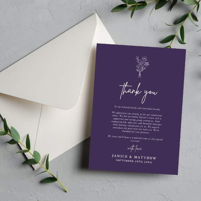 Boho Minimalist Botanicals Purple Fall Wedding Thank You Card (Creator Uploaded)