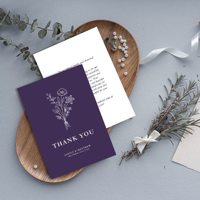 Boho Minimalist Botanicals Purple Wedding Thank You Card (Creator Uploaded)