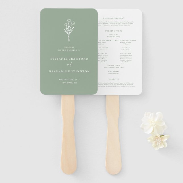 Boho Minimalist Botanicals Sage Green Program Hand Fan (Front and Back)
