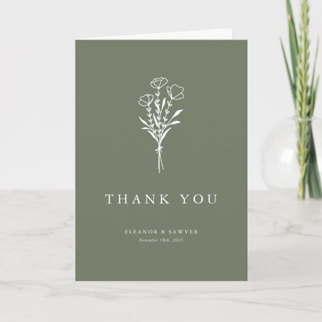 Boho Minimalist Botanicals Taupe Green Wedding Thank You Card (Front)