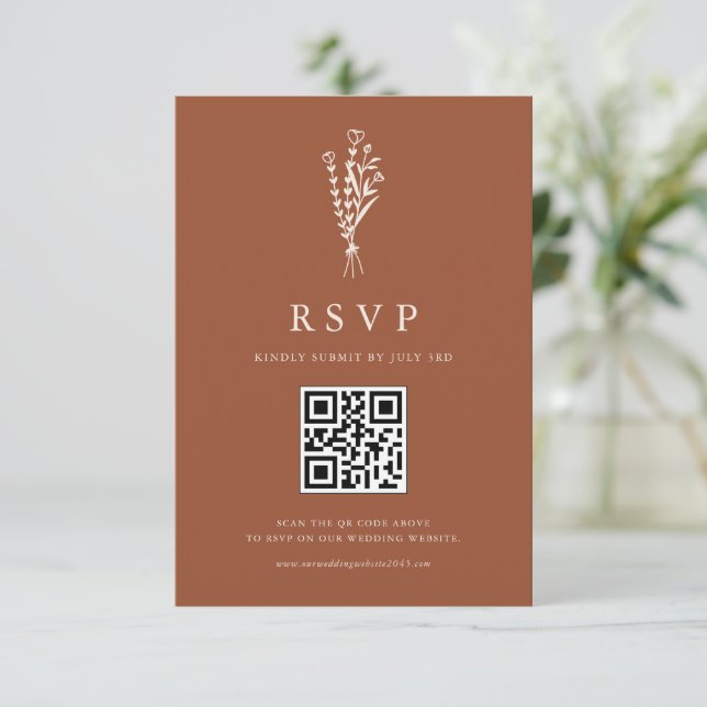 Boho Minimalist Botanicals Terracotta QR Code RSVP Card (Standing Front)