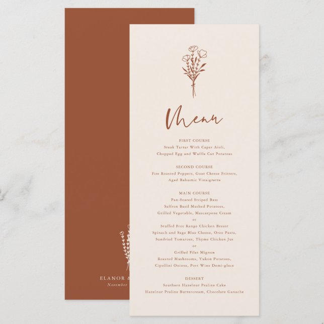 Boho Minimalist Botanicals Terracotta Wedding Menu (Front/Back)
