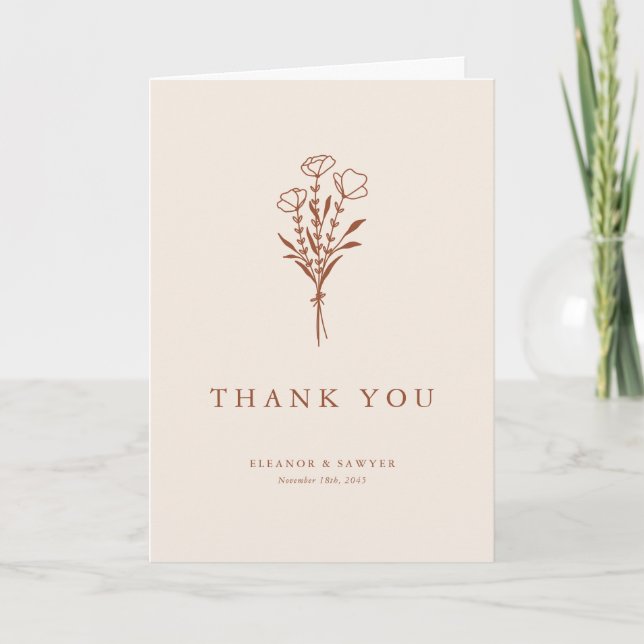 Boho Minimalist Botanicals Terracotta Wedding Thank You Card (Front)