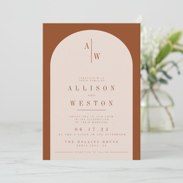 Boho Minimalist Burnt Orange Wedding Invitation (Standing Front)