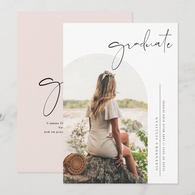 Boho Minimalist Calligraphy Arch Photo Graduation Invitation (Front/Back)