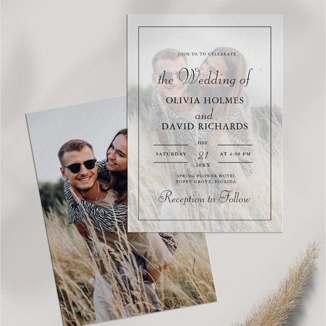 Boho Minimalist  Custom Photo Wedding Invitation (Boho Minimalist Custom Photo Wedding Invitation on white table with dry wildflower.)