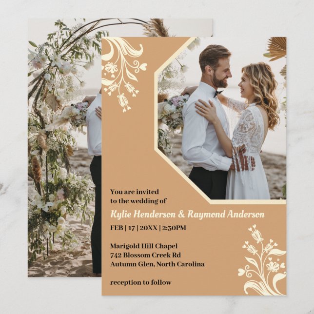 Boho Minimalist Floral Buff Wedding Invitation (Front/Back)