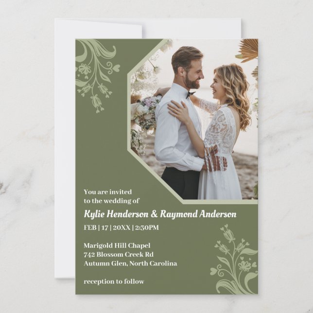 Boho Minimalist Floral Dark Lime Wedding Invitation (Front)