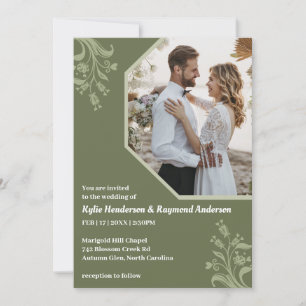 Boho Minimalist Floral Dark Lime Wedding Invitation