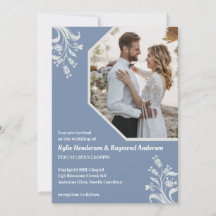 Boho Minimalist Floral Silver Lake Blue Wedding Invitation