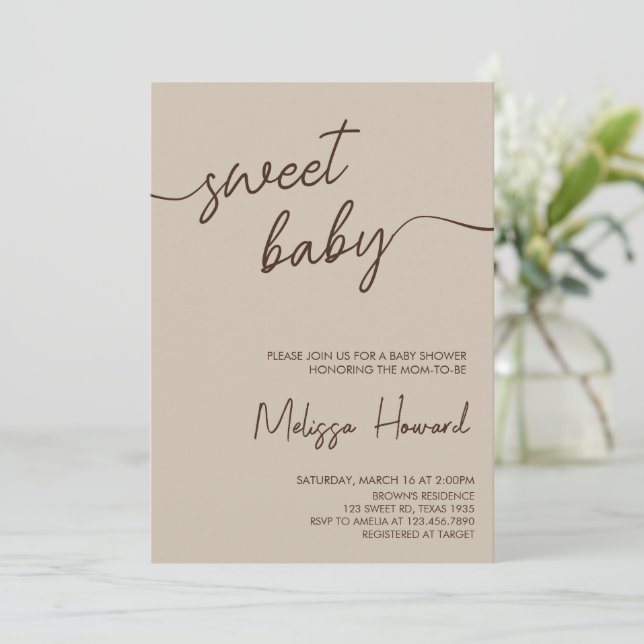 Boho Minimalist Gender Neutral Brown Baby Shower  Invitation (Standing Front)