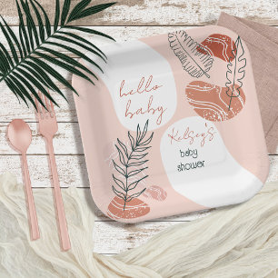 Boho Minimalist Hello Baby Shower Blush  Paper Plate