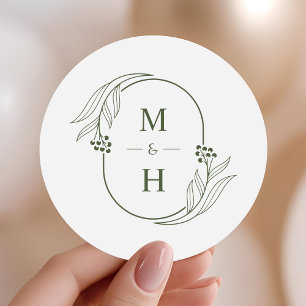 Boho Minimalist Monogram Olive Green Wedding Classic Round Sticker