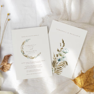 Boho Minimalist Muted Blue & Dried Grass Wedding Invitation