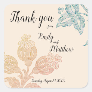 Boho Minimalist Pastel Peach Floral Wedding Square Sticker